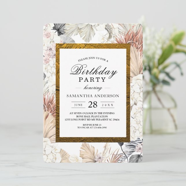 Modern gewellter, floraler Orchid-Goldrahmen Einladung (Stehend Vorderseite)