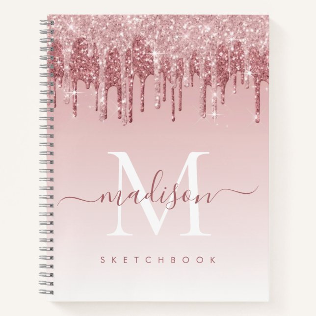 Modern Girl Blush Pink Rose Gold Glitzer Monogram Notizbuch (Vorderseite)