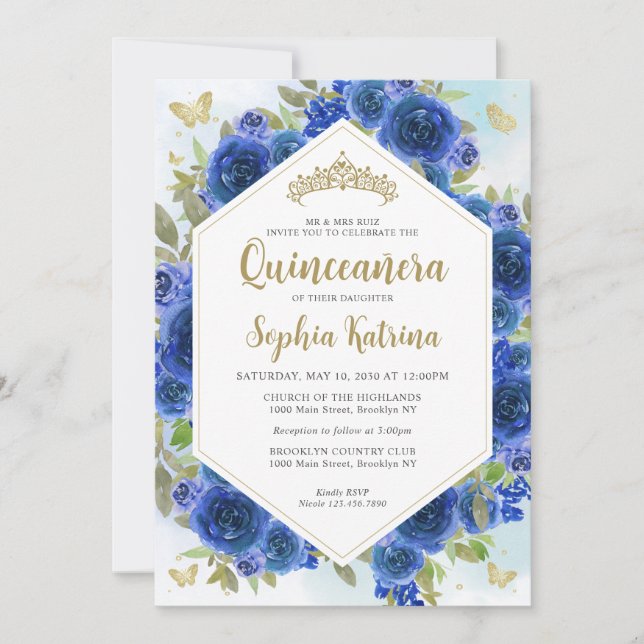 Modern Girl Royal Blue Floral Gold Quinceñera Einladung (Vorderseite)