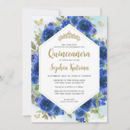 Modern Girl Royal Blue Floral Gold Quinceñera Einladung