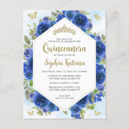 Modern Girl Royal Blue Floral Gold Quinceñera Postkarte