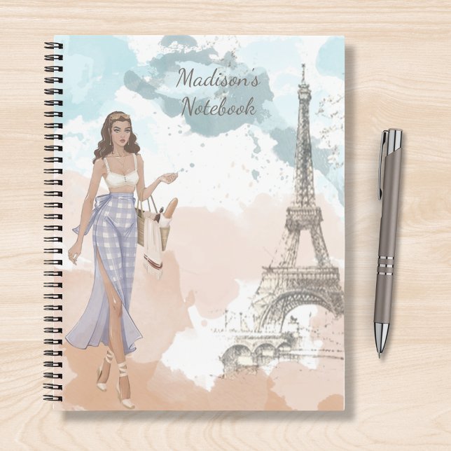 Modern Girl Watercolor Paris Personalisierter Name Notizbuch (Von Creator hochgeladen)