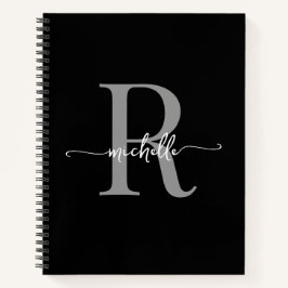 Modern Girly Black Grey Script Monogram Name Notizbuch