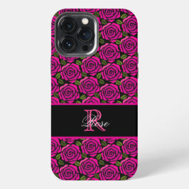 Modern Girly Hot Pink Roses Custom Name Monogram  iPhone 13 Pro Max Hülle