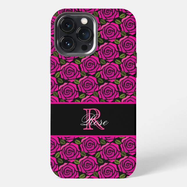 Modern Girly Hot Pink Roses Custom Name Monogram  iPhone Hülle (Rückseite)