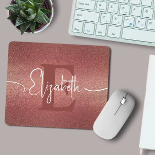 Modern Girly Maroon Red Glitzer Monogram Name Mousepad