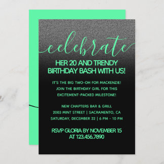 Modern Girly Mint Green 20 und Trendy Birthday Einladung