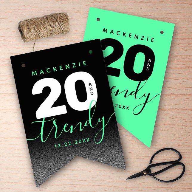 Modern Girly Mint Green 20 und Trendy Birthday Wimpelkette (Girly Mint Green 20 and Trendy Her 20th Birthday Bunting Flags Cover Photo.)