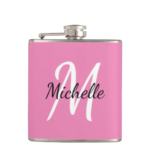 Modern Girly Pink Monogram Name + Initial Flachmann