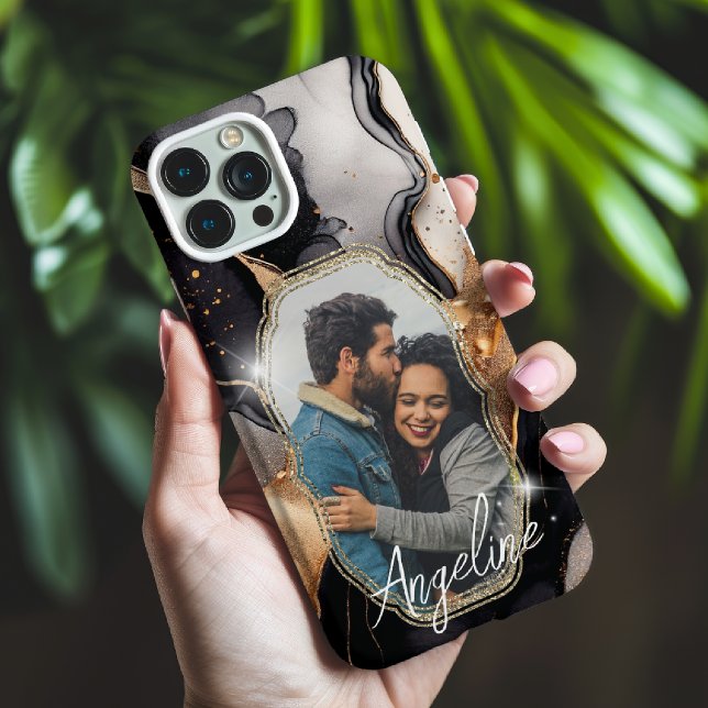 Modern Glam Black and Gold Name and Foto Case-Mate iPhone Hülle (Von Creator hochgeladen)