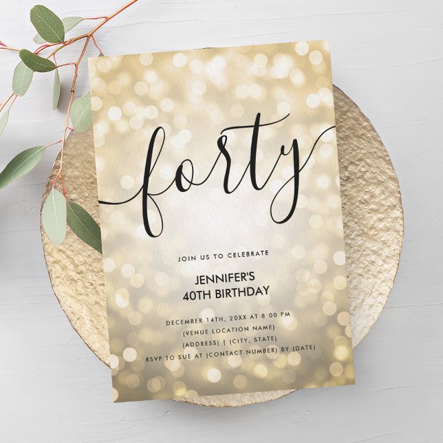 Modern Glam Gold Glitzer Lights 40. Geburtstag Einladung (Modern Glam Gold Glitter Lights 40th Birthday Invitation)