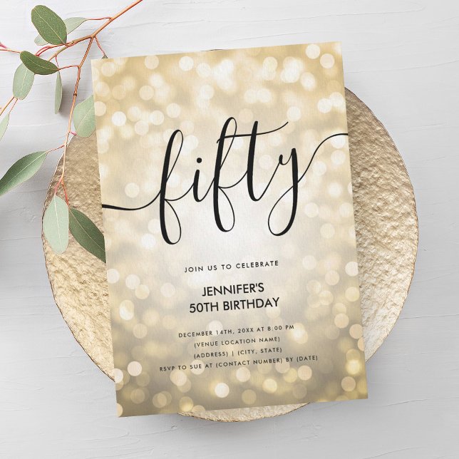 Modern Glam Gold Glitzer Lights 50. Geburtstag Einladung (Modern Glam Gold Glitter Lights 50th Birthday Invitation)