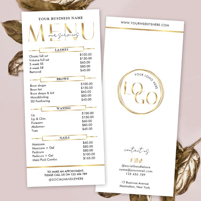 Modern Glam Gold Spa Beauty Salon Menu Price List Werbekarte (White and gold logo services price list with modern typography and a minimal layout)