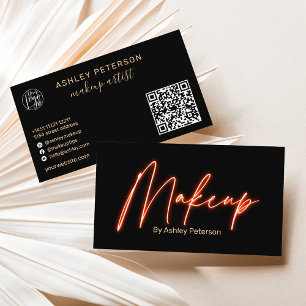 Modern glam orange Neon Make-up Script Logo qr Cod Visitenkarte