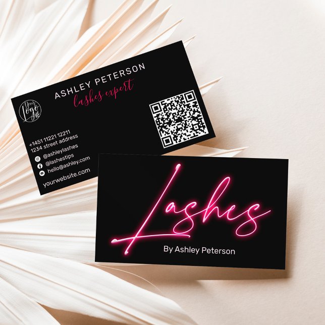Modern glam rosa Neon Lashes Drehzeichen Logo qr C Visitenkarte (Von Creator hochgeladen)