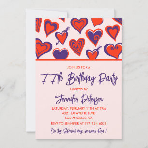 Modern Glam Rot Violette Herzen 77. Geburtstag Einladung