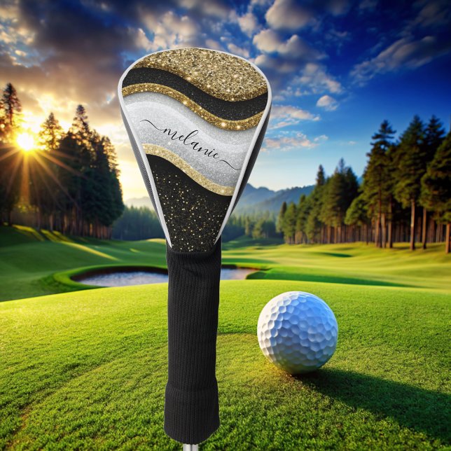Modern Glam Schwarz-weiß Gold Glitzer Name Golf Headcover (Von Creator hochgeladen)