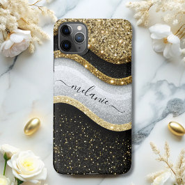 Modern Glam Schwarz-weiß Gold Glitzer Name iPhone 11Pro Max Hülle