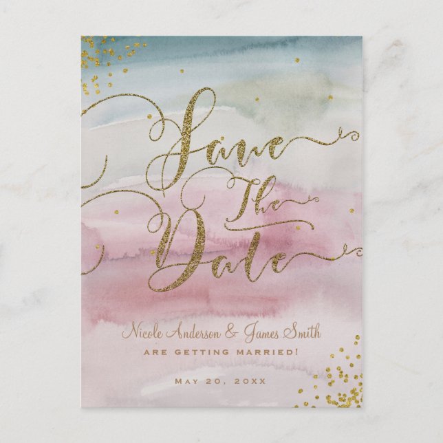 Modern Glam Watercolor Gold Save the Date Ankündigungspostkarte (Vorderseite)