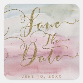 Modern Glam Watercolor Gold Save the Date Hochzeit Quadratischer Aufkleber