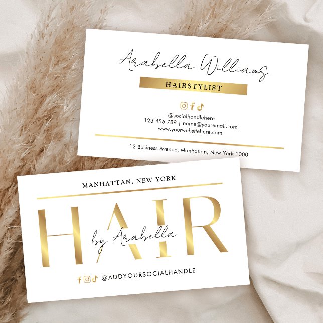 Modern Glam White & Gold Chic Hair Stylist Salon Visitenkarte (Elegant hair business cards with faux gold effects, modern layout and space for your contact info)