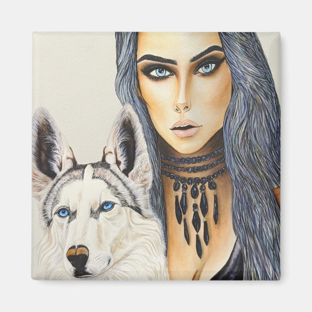 Modern Glam Woman & Husky Wolf Dog Magnet (Vorne)
