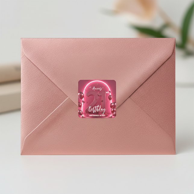 Modern Glamour 21st Birthday Neon Arch & Balloons Quadratischer Aufkleber (Von Creator hochgeladen)