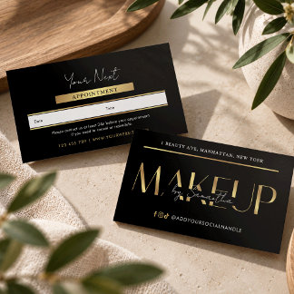 Modern Glamour Schwarz & Gold Makeup Artist Salon Terminkarte