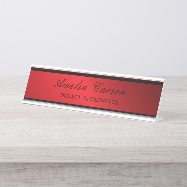 Modern Glassy Red & Black- Add Logo, Name, Title Schreibtischnamensplakette (Vorderseite )