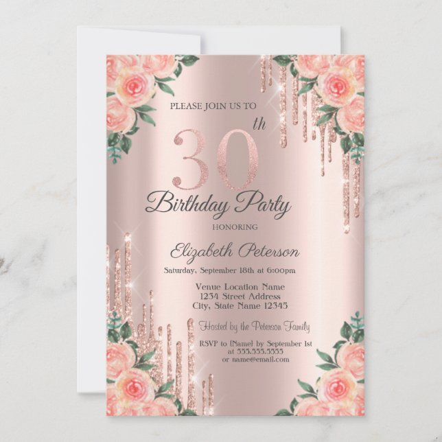 Modern Glitter Drips Floral Rose Gold 30th   Einladung (Vorderseite)