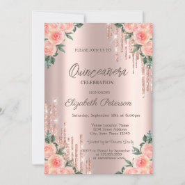 Modern Glitter Drips Floral Rose Gold Quinceanera Einladung
