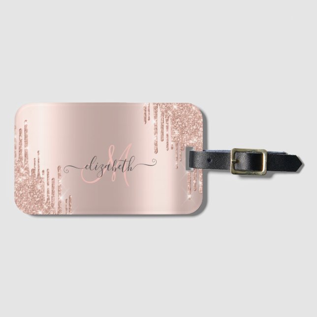 Modern Glitter Drips Rose Gold Monogram Gepäckanhänger (Vorderseite (Horizontal))