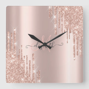 Modern Glitter Drips Rose Gold Monogram   Quadratische Wanduhr