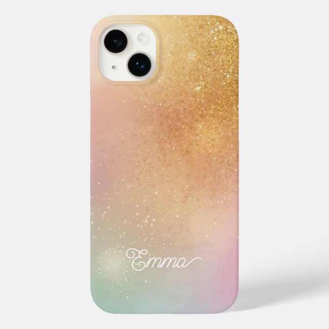 Modern Glitter Holographic Gold with Name Case-Mate iPhone Hülle (Rückseite)
