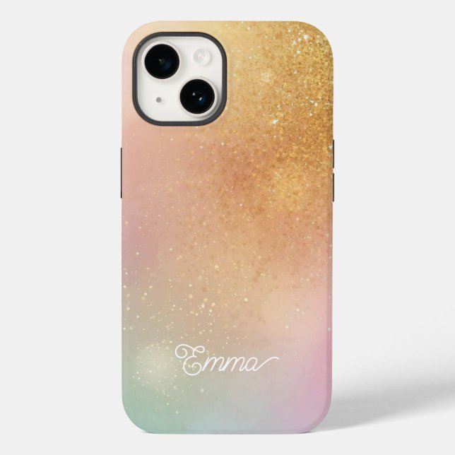 Modern Glitter Holographic Gold with Name Case-Mate iPhone Hülle (Rückseite)