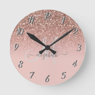 Modern Glitter Sequin Schatten Rose Gold Monogram Runde Wanduhr