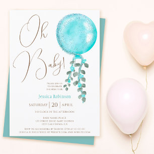 Modern Glitzer Boy Blue Ballon Oh Babydusche Einladung