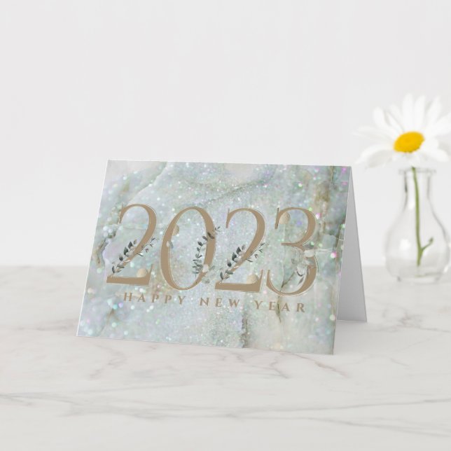 Modern Glitzer Marble Happy New Year 2023 Card Karte (Kleine Pflanze)