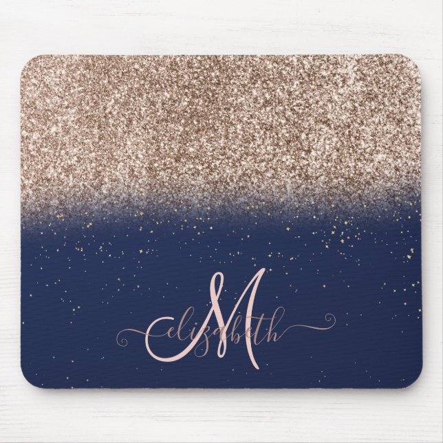 Modern Glitzer Ombre Rose Gold Monogram Navy Blue Mousepad (Vorne)