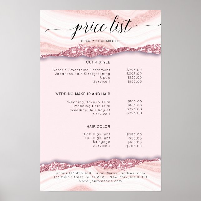 Modern, Glitzer, rosa Preisliste Poster (Vorne)