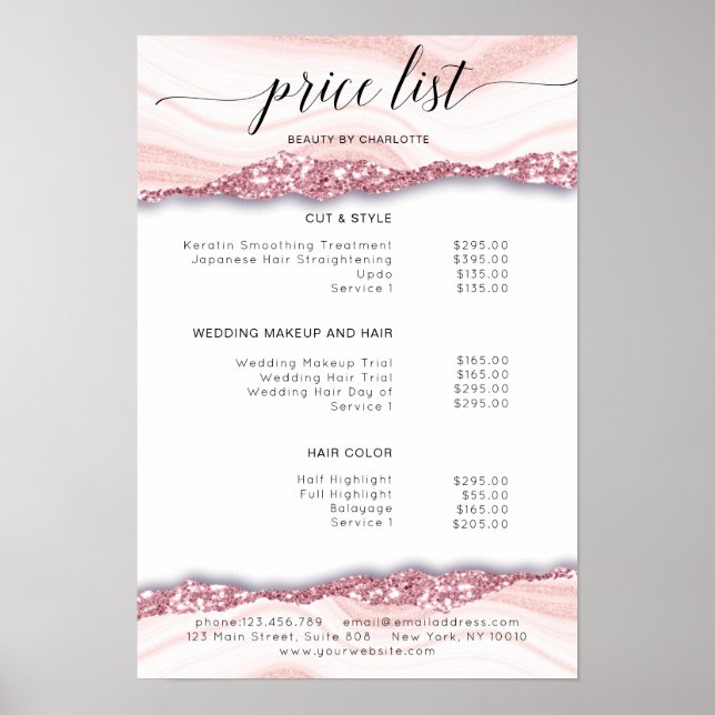 Modern, Glitzer, rosa-weiße Preisliste Poster (Vorne)