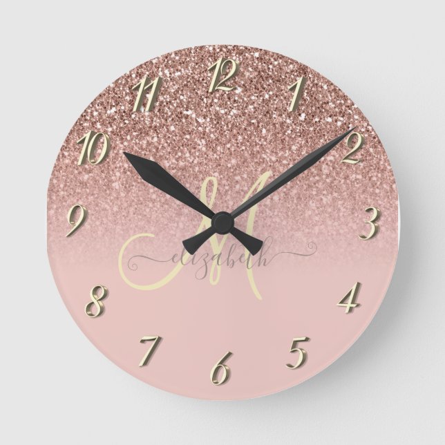 Modern Glitzer Sequin Ombre Rose Gold Monogram  Runde Wanduhr (Vorderseite)