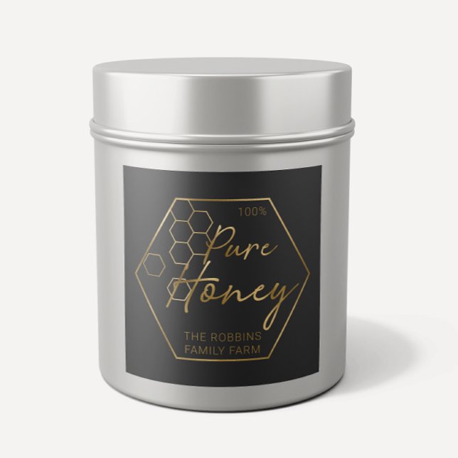 Modern Gold 100% Pure Honey Jar Labels Apiary Name Quadratischer Aufkleber (Von Creator hochgeladen)
