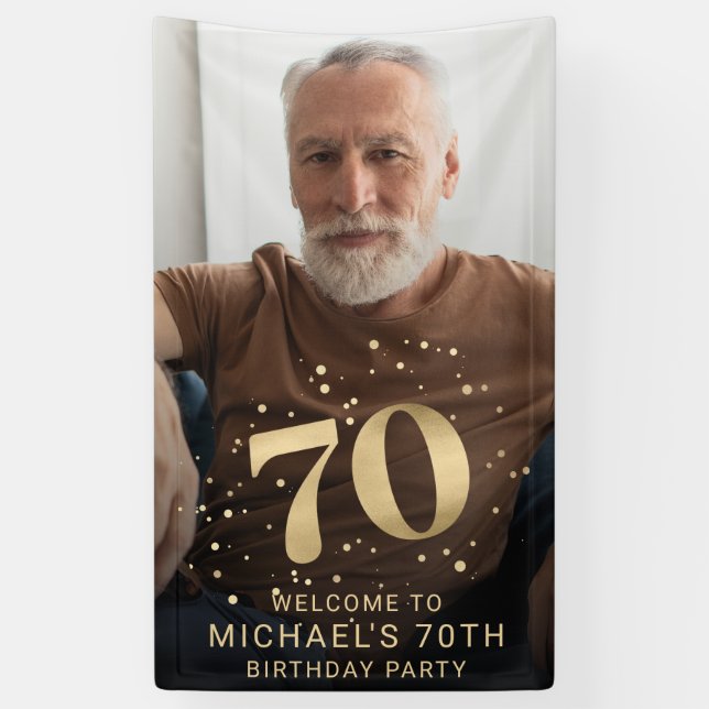 Modern Gold 70th Photo Birthday Welcome Party Banner (Vertikal)