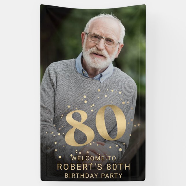 Modern Gold 80th Photo Birthday Welcome Party Banner (Vertikal)