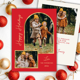 Modern Gold Arch 3 Photo Red Happy Holiday Card Feiertagskarte