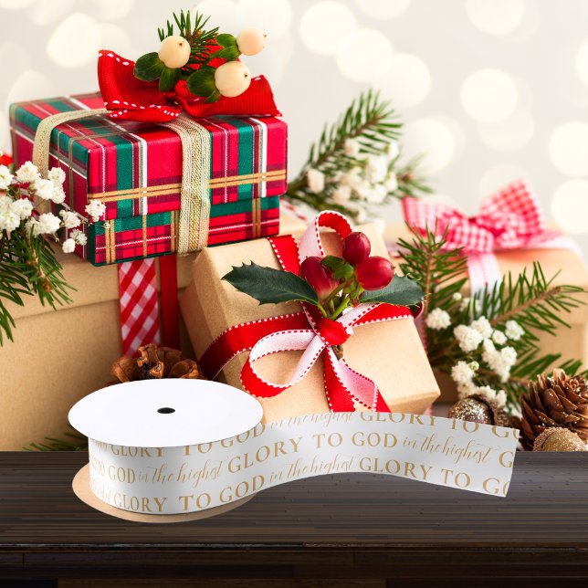 Modern Gold Bible Verse Religiöse Weihnachten Satinband (Modern, gold and white, Glory to God Bible verse, religious Christmas gift wrap ribbon)