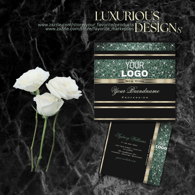 Modern Gold Black Forest Green Glitzer Logo Quadratische Visitenkarte (Von Creator hochgeladen)