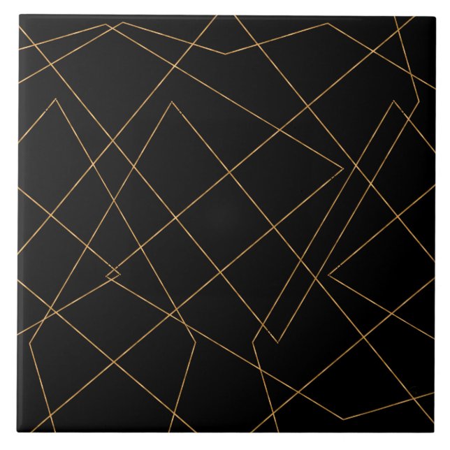 Modern Gold & Black Geometric Strokes Design Fliese (Vorderseite)