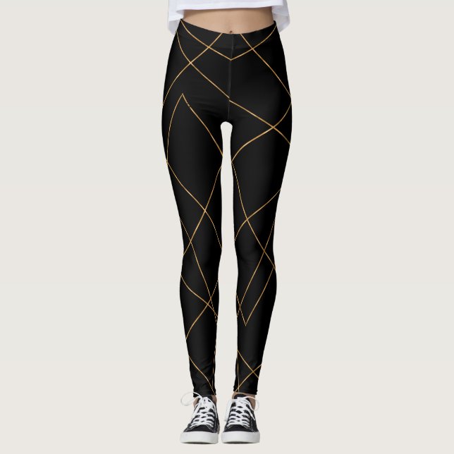 Modern Gold & Black Geometric Strokes Design Leggings (Vorderseite)
